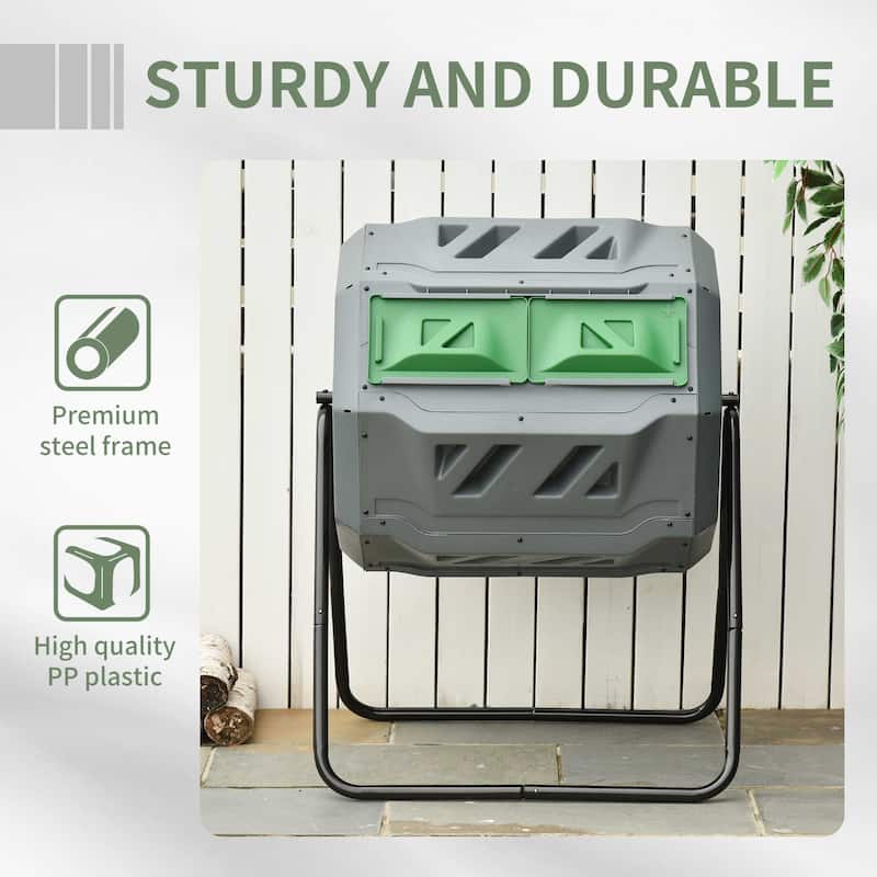 Outsunny Tumbling Compost Bin Outdoor Dual Chamber 360-deg Rotating Composter 43 Gallon w/ Sliding Doors & Solid Steel Frame
