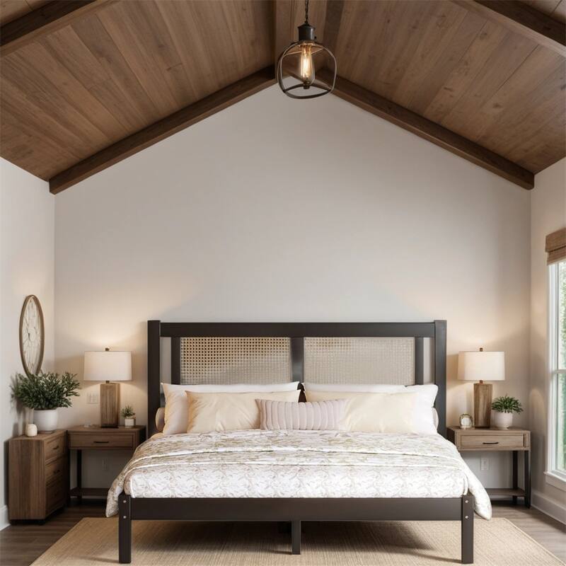 Queen Size Wood Platform Bed with Natural Rattan Headboard and Legs