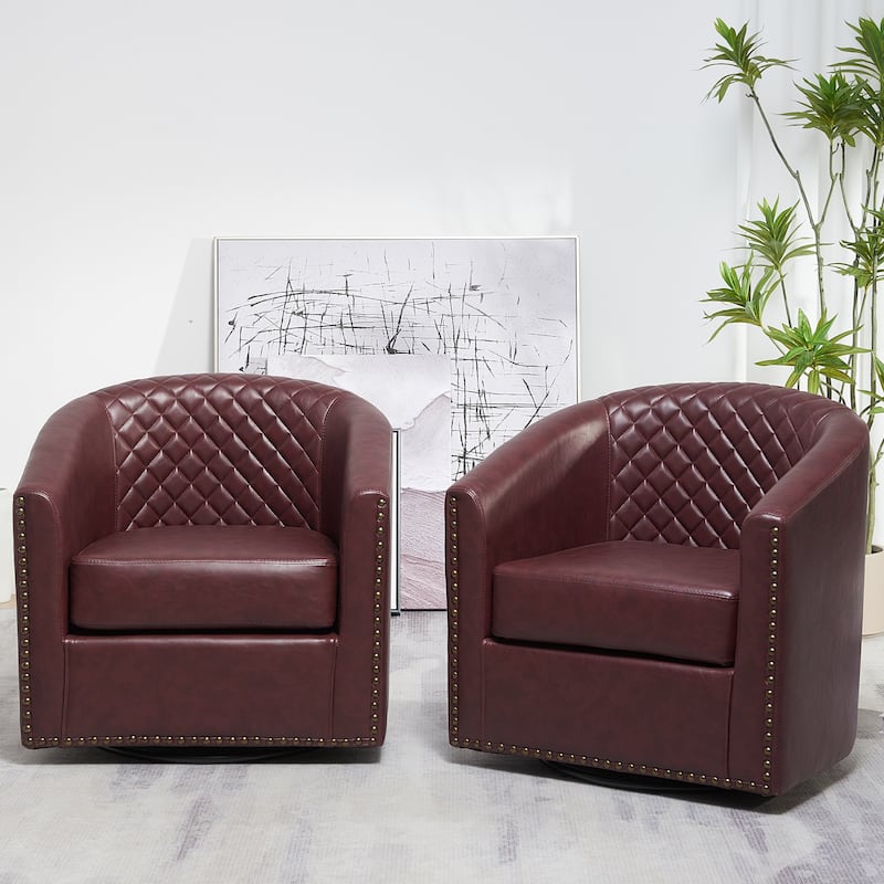 KINWELL 29" Wide Tufted PU Leather Swivel Barrel Chair (Set of 2)