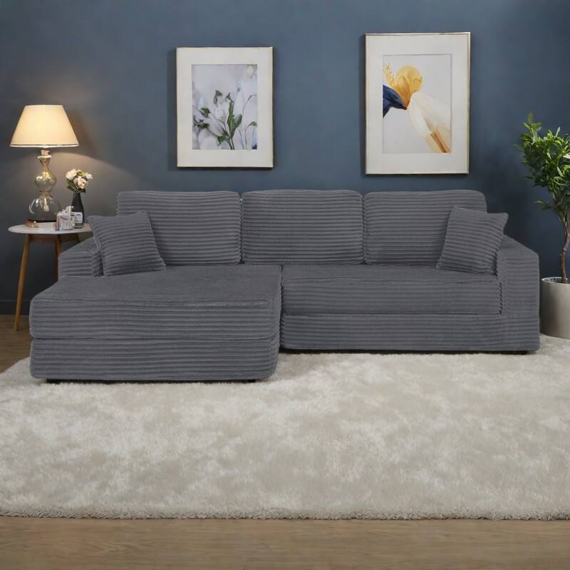 112.6" L-Shaped Modular Sectional Left sofa seat with Queen Sleeper Function, Corduroy Upholstery and No Assembly Required - Gray