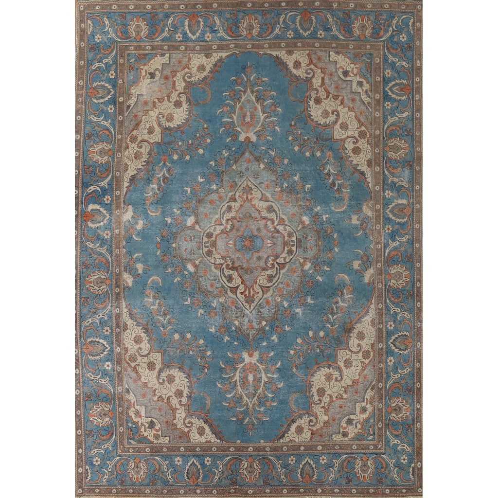 Blue Distressed Tabriz Vintage Persian Rug Hand-Knotted Wool Carpet - 9'11" x 12'10"