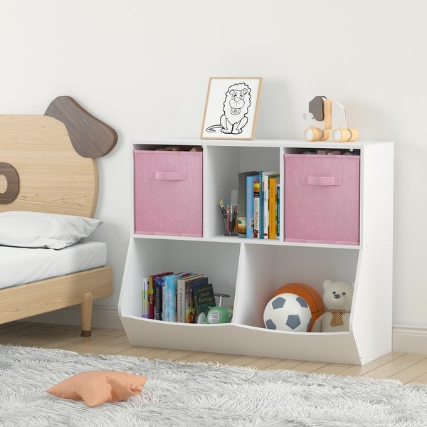 slide 2 of 16, Kids Bookcase with Collapsible Fabric Drawers, Children's Toy Storage Cabinet for Playroom, Bedroom, Nursery, School White+Pink