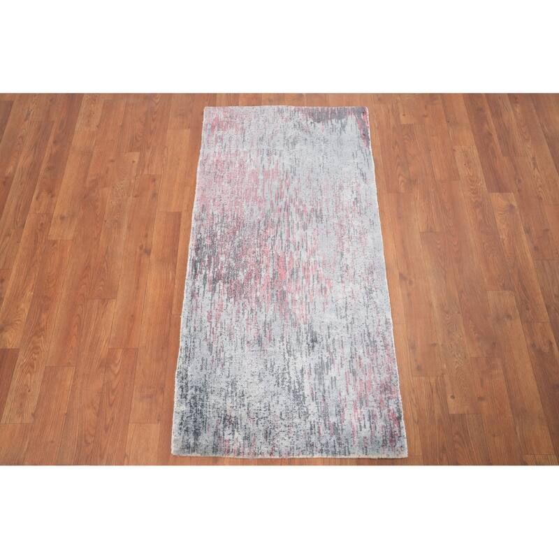 Hand Knotted Oriental Viscose Silk Carpet Modern All-Over Greys & Charcoal Abstract Area Rug - 4' 0'' X 2' 0''