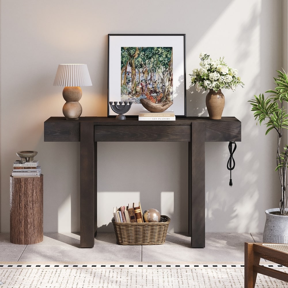 Rustic Minimalist Console Table with Hidden Drawer, Side Power Outlet,Wood Entryway Table for Entryways, Living Rooms