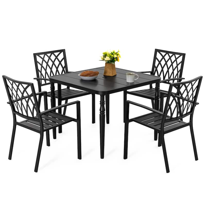 5PCS Patio Dining Set with 4 Stackable Chairs and Umbrella Hole, Black