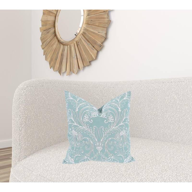 HomeRoots 20" X 20" Green and White Damask Polyester Zippered Pillow With Embroidery