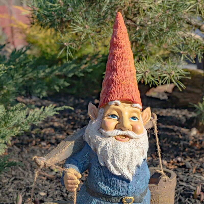 21 Inch Tall Spring Gnome Garden Statue Holding Two Buckets