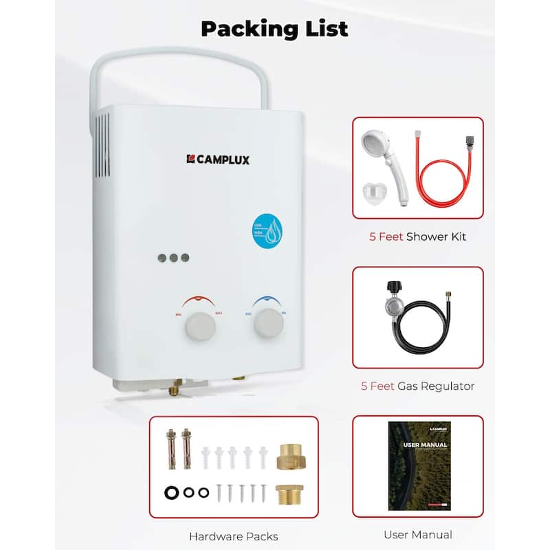 CAMPLUX 1.32 GPM 34,000 BTU Outdoor Portable Propane Tankless Water Heater, White