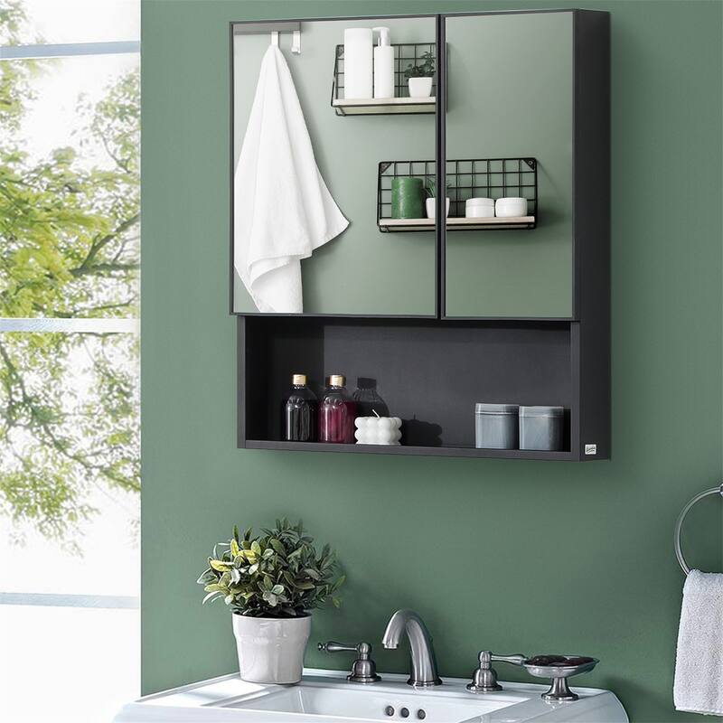 Wall Mounted Mirror Cabinet with Double Doors and Storage Shelves