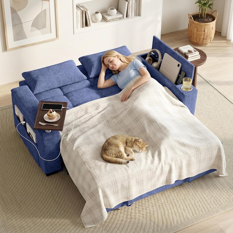 68" Chenille Fabric Sleeper Sofa Bed,Pull Out Couch with 360 Degree Swivel Side Table,USB Port,Cup Holder,Armrest Storage
