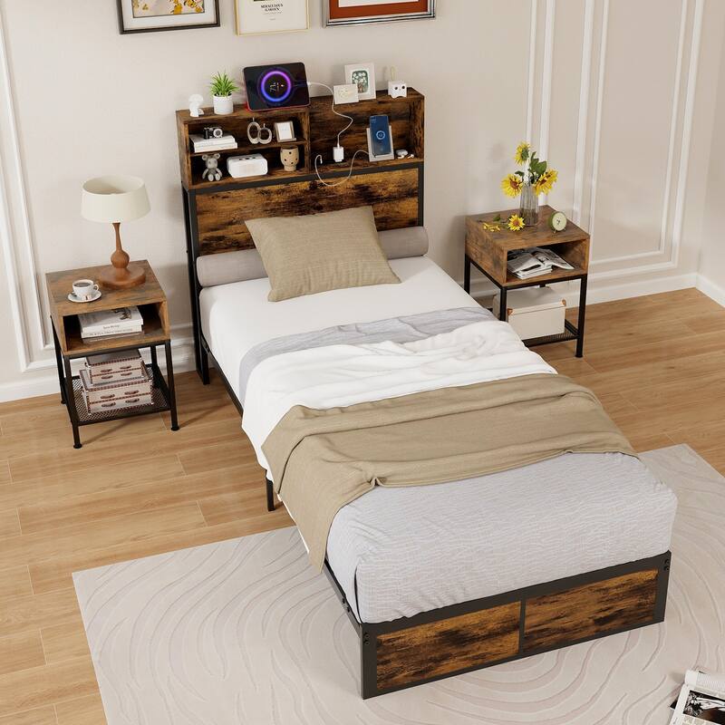 Metal Platform Bed Frame with Headboard Storage and USB Charging Ports