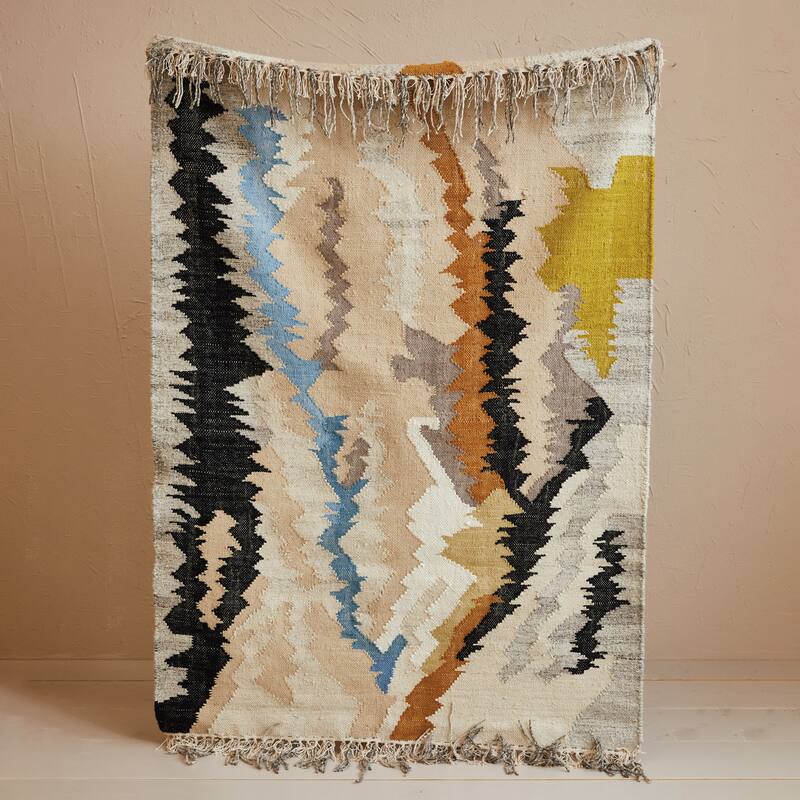 Woven Wool and Cotton Blend Rug with Abstract Design and Fringe - 72.0"L x 48.0"W x 0.3"H - 72.0"L x 48.0"W x 0.3"H