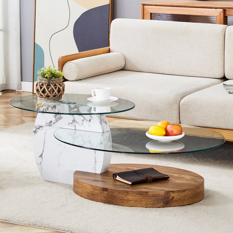 GDFStudio Marlowe Tempered Glass Coffee Table with Marble and Wood Texture Dual Base - White + Wood Color