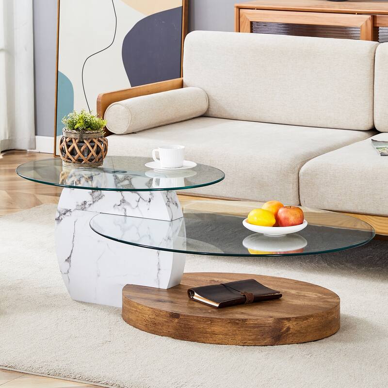 Roomfitters Double Layer Coffee Table with White Marble and Wood Grain Finish, Artistic Modern Design - White+Natural