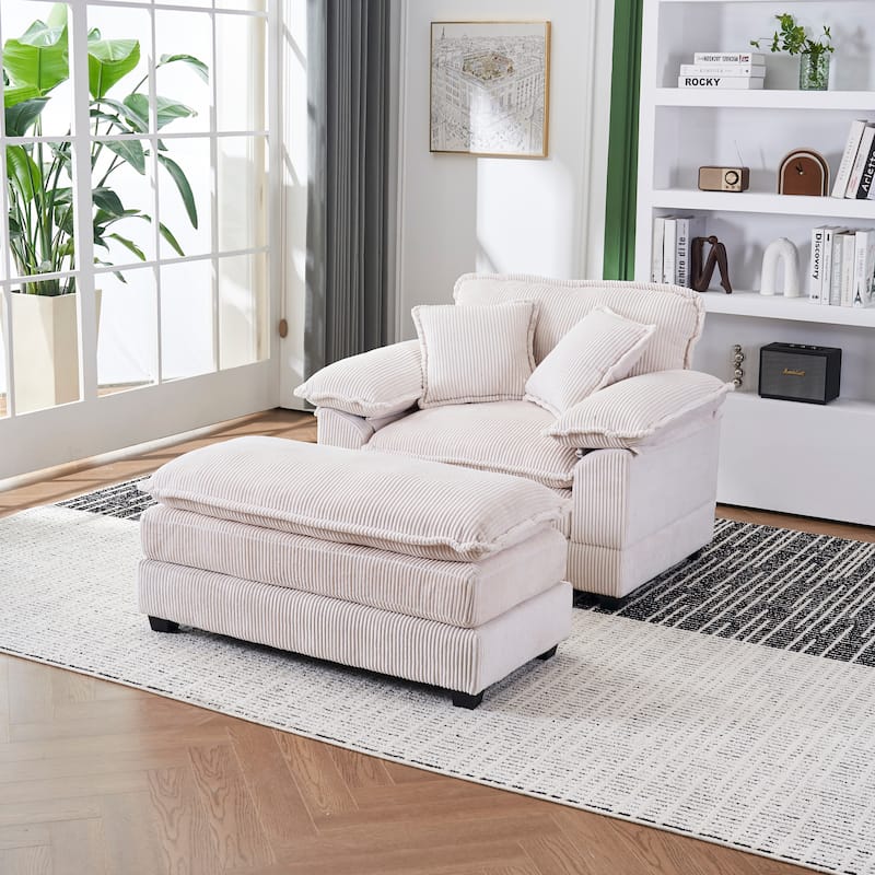 56.3" Corduroy Single Sofa Chair with 2 Toss Pillows & a Ottoman - White
