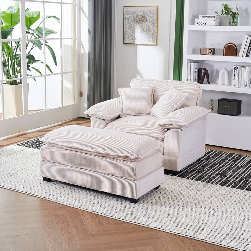 Corduroy Single Sofa Set with Ottoman & 2 Toss Pillows (Deep Seat) - White