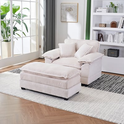 White 59.3" Corduroy Single Deep Seat Sofa with 2 Toss Pillows and Ottoman for Living Room