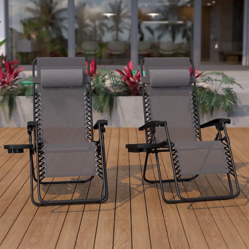 2 Pack Adjustable Mesh Zero Gravity Lounge Chair with Cup Holder Tray - Gray