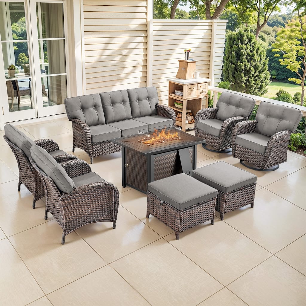 Pocassy Outdoor 43 In Fire Table with Sofa Patio Swivel Chair Set