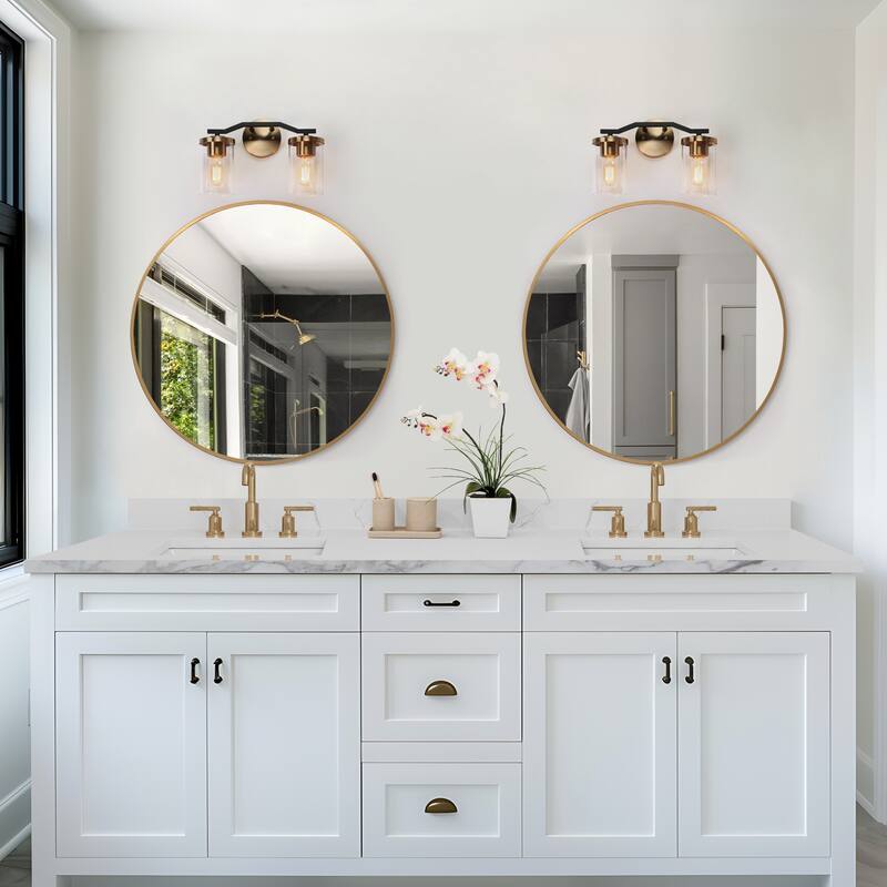 Modern Farmhouse 2-Light Black Gold Bathroom Vanity Light Dimmable Wall Sconces with Cylinder Glass - 14'' L x 5.5'' W x 9.5'' H