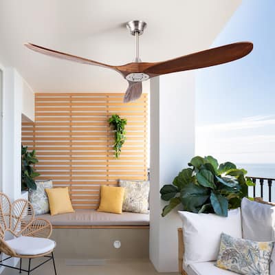 Indoor Outdoor Wood Ceiling Fan No Light, 60" Reversible Ceiling Fan, 3 Solid Wood Blades, 6 Speeds
