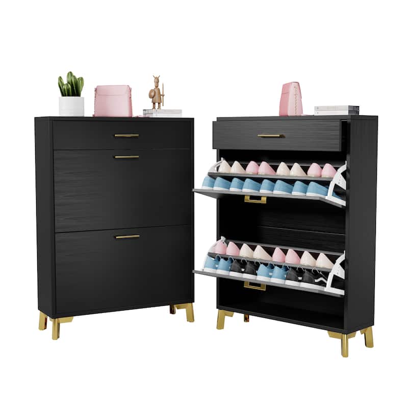 Shoe Storage Cabinet for Entryway, Free Standing Shoe Organizer with 2 Flip Drawers