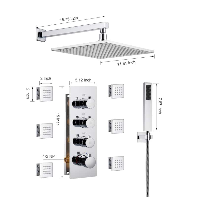 Luxury Thermostatic Shower System 3-Spray Patterns 12" Wall Mount Rain Dual Shower Heads with LED and 6 Body Jets in Chrome