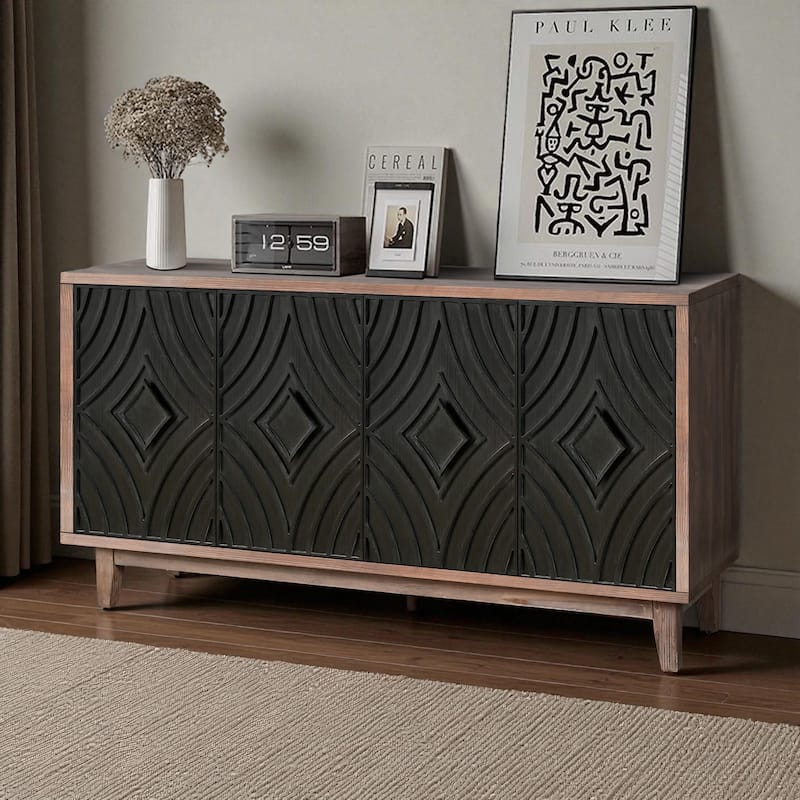 60" Mid Century Modern Sideboard Buffet Cabinet with Diamond Pattern Doors, Solid Wood Legs, Storage Credenza for Living Room