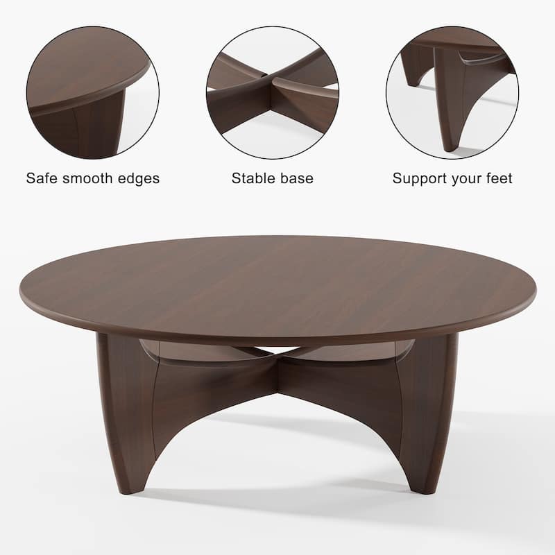 Round Modern Coffee Table Farmhouse Solid Wood Tea Table with Cross Sturdy Legs for Home Office Living Room - 16 in.H x 38 in.W