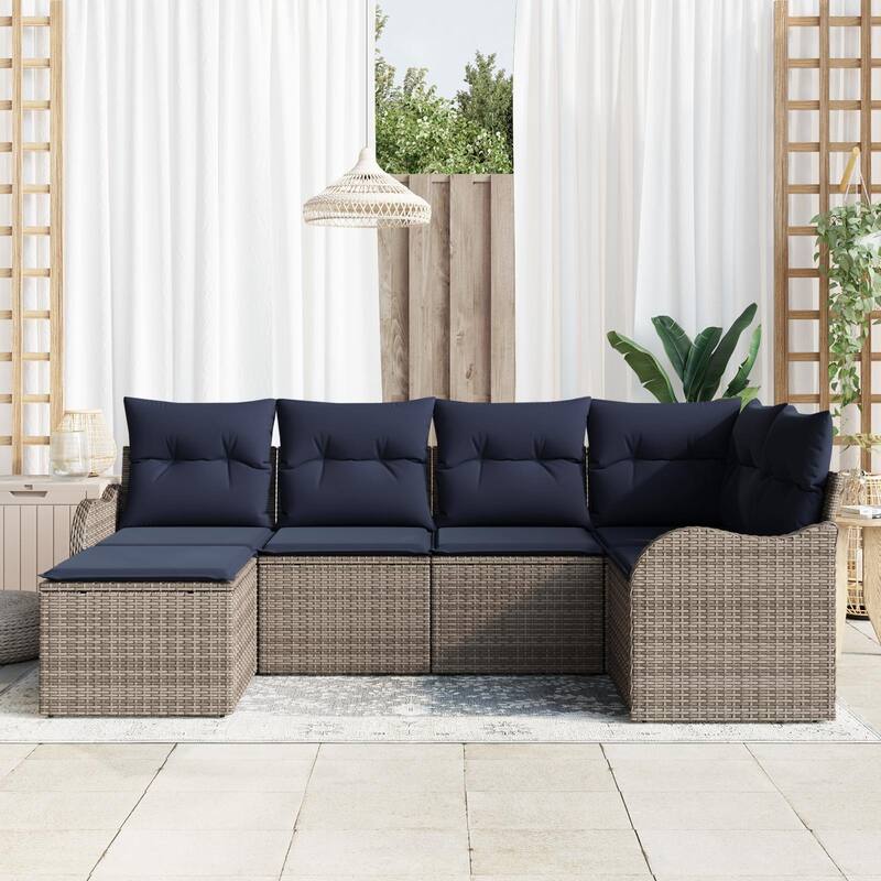 vidaXL 6/7 Garden Sofa Set with Cushions Black/Brown/Grey Poly Rattan - 91.5 x 48.2 x 27.2