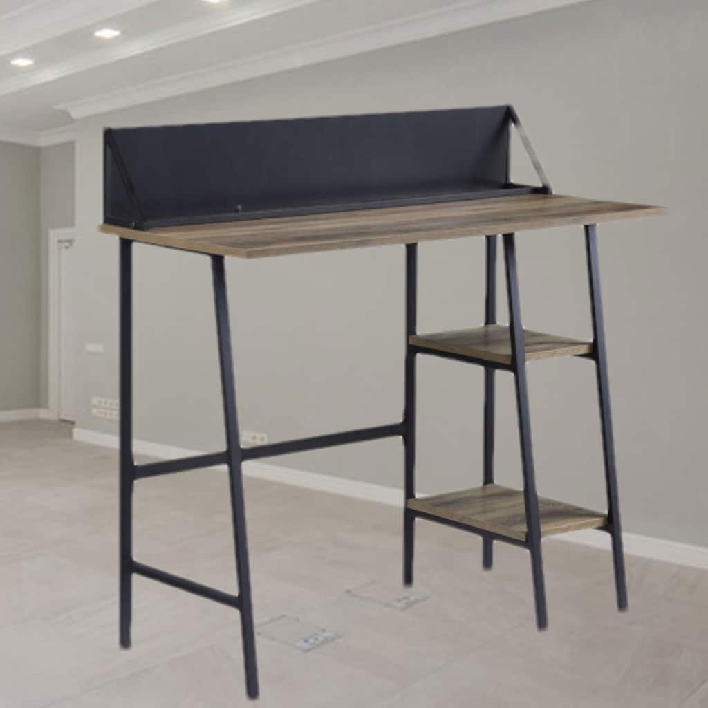 Modern Writing Desk with Two-Tier Shelves, Smartphone Holder, and Sturdy H-Shaped Base for Contemporary Offices