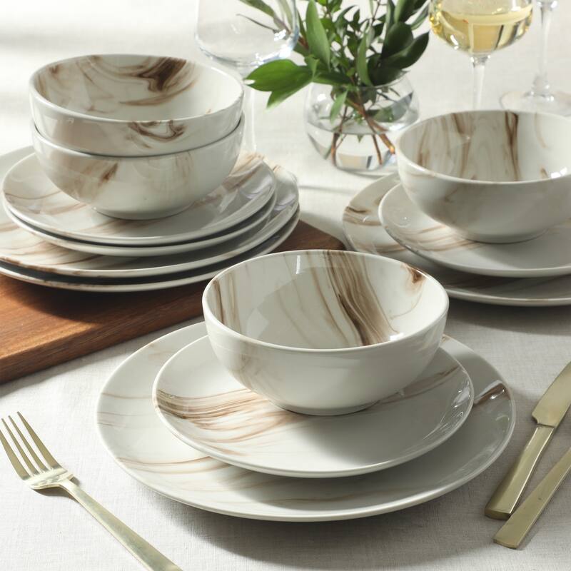 Gibson Home Cloudlight 12 Piece Plates and Bowls Dishes - Decorated Porcelain Ceramic Dinnerware Set - Service for 4