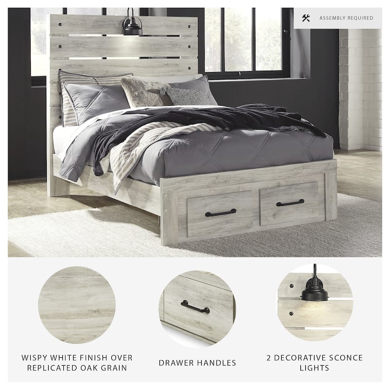 Cambeck Whitewashed Panel Bed w/ 2 Footboard Storage Drawers