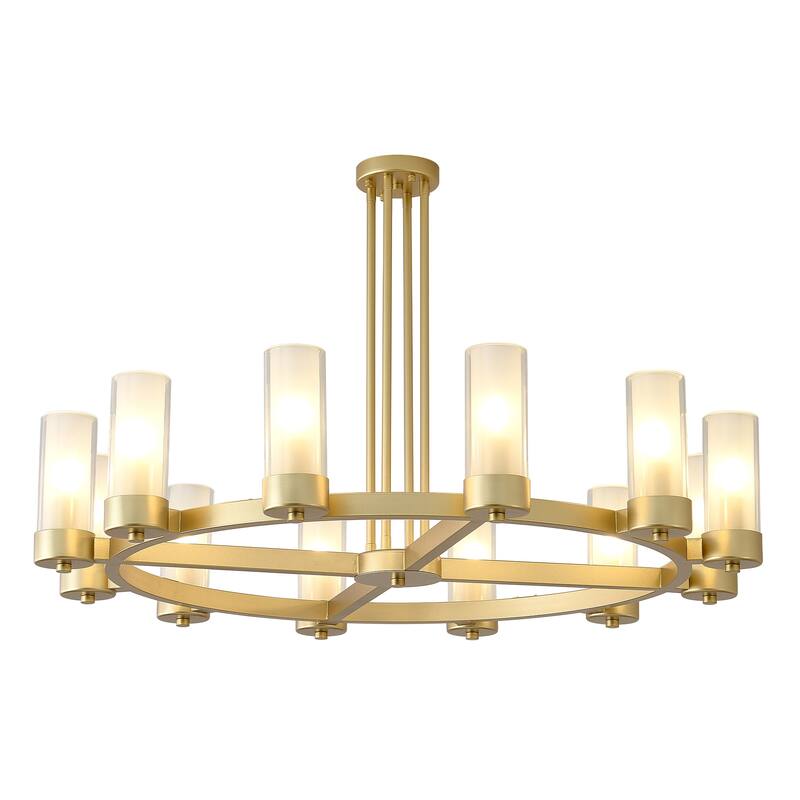 12 - Light Modern Round Chandelier with Frosted Glass Cylinder Shades