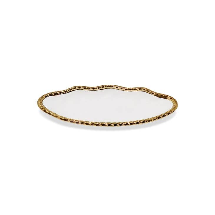 White Oval Bowl New Bone China With Gold Rope Scalloped Edge