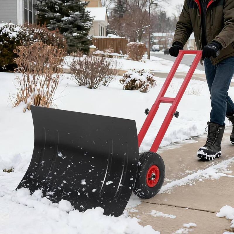 29.13x19.8 in Heavy Duty Rolling Snow Pusher Shovel for Driveway, Doorway, Sidewalk - Black