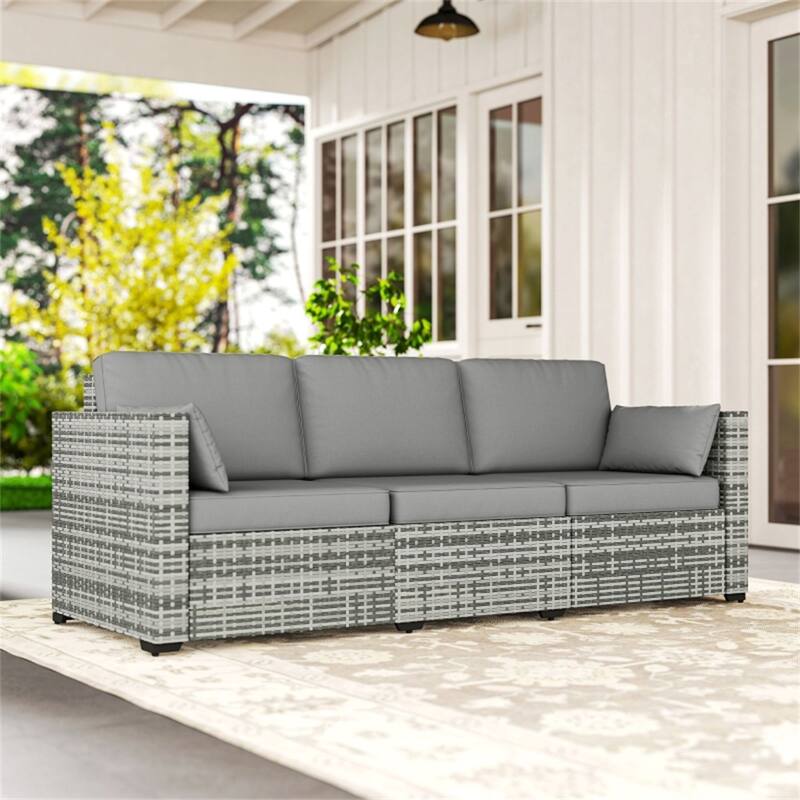3-Seater Outdoor Rattan Sofa PE Wicker Galvanized Steel Frame Patio Deck Garden Couch with Cushions and Pillows