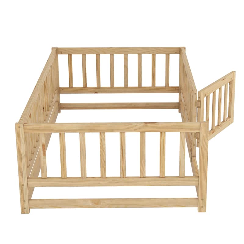 Twin Size Pine Wood Floor Panel Bed with Safety Fence and Removable Door