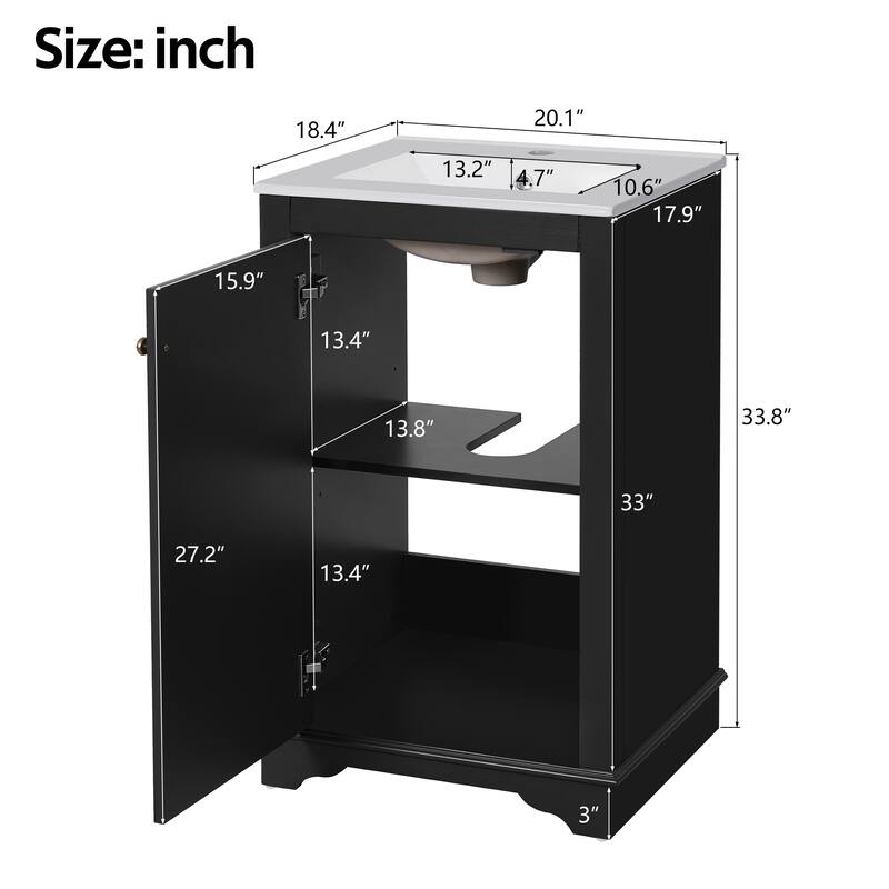 20-Inch Freestanding Bathroom Vanity with Ceramic Sink, Shaker Style, Soft-Close Door, Adjustable Shelf, Solid Wood/MDF