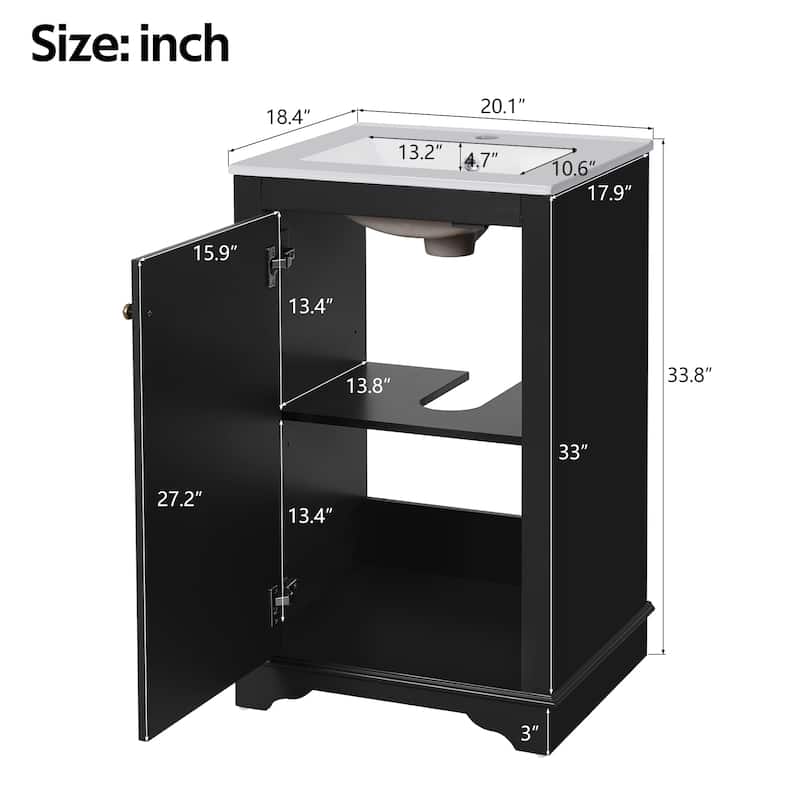 Roomfitters 20" Bathroom Vanity with Ceramic Sink, Freestanding Single Cabinet with Adjustable Shelf and Soft-Closing Door