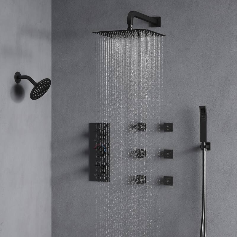 4-Functions Thermostatic Shower System, Wall Mount Shower Faucet Set 12" & 6" Dual Shower Head with 6 Body Jets