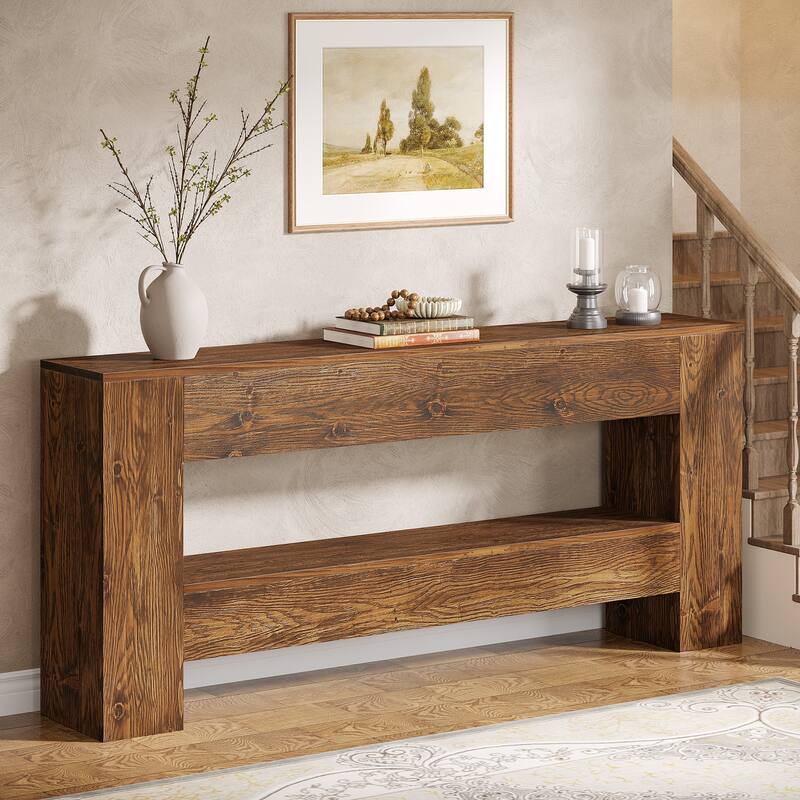 63" Solid Wood Console Table, Farmhouse Entryway Table with Storage - 11.61" D x 63" W x 31.5" H - Rustic Brown