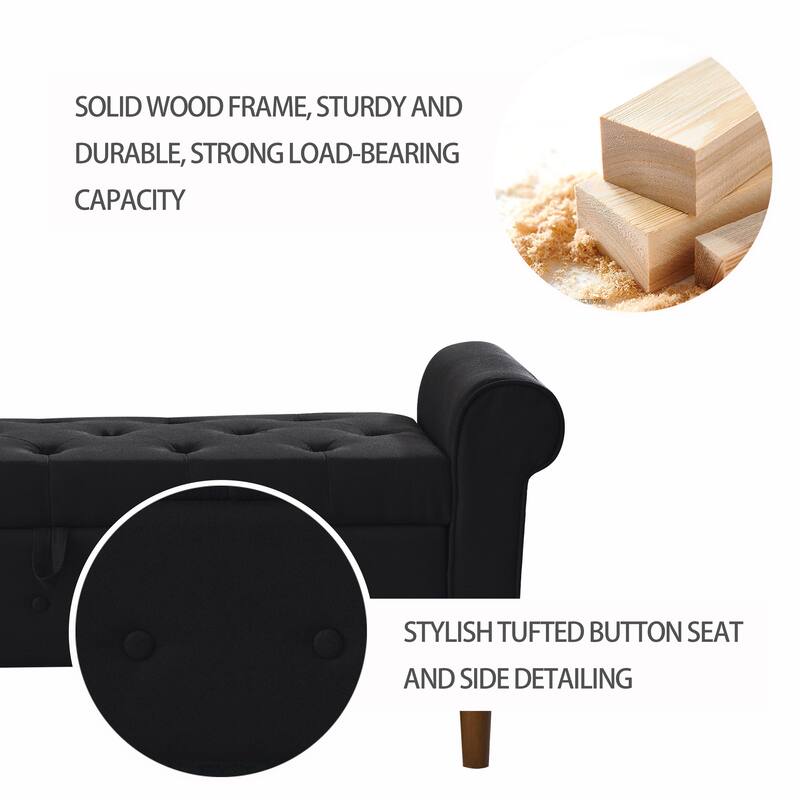 62" Bedroom Tufted Button Storage Bench, Modern Fabric Upholstered Ottoman,Window Bench,Rolled Arm Design for Bedroom