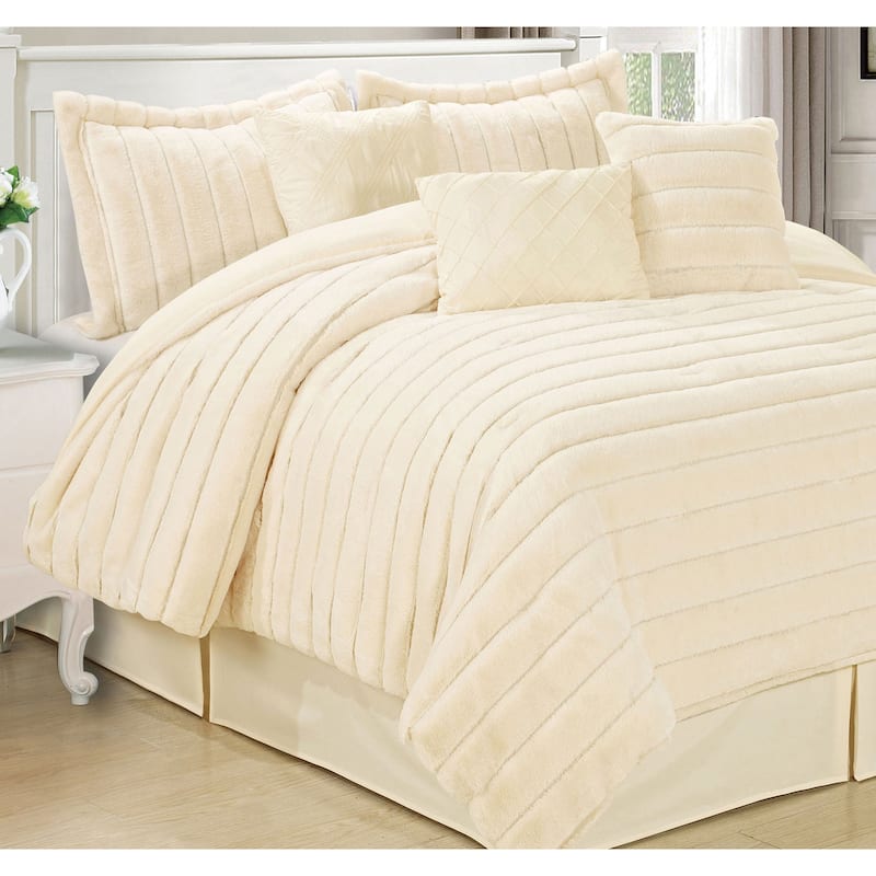Serenta Faux Fur 7-piece Comforter Set - Antique White - Queen/Standard Sham