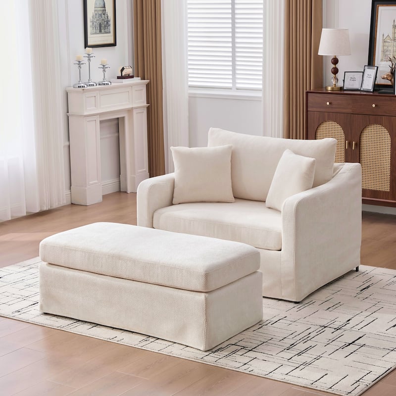 Morden Accent Chair with Ottoman, Chenille Living Room Side Chair, Single Sofa Armchair with Bolster Pillows - Beige