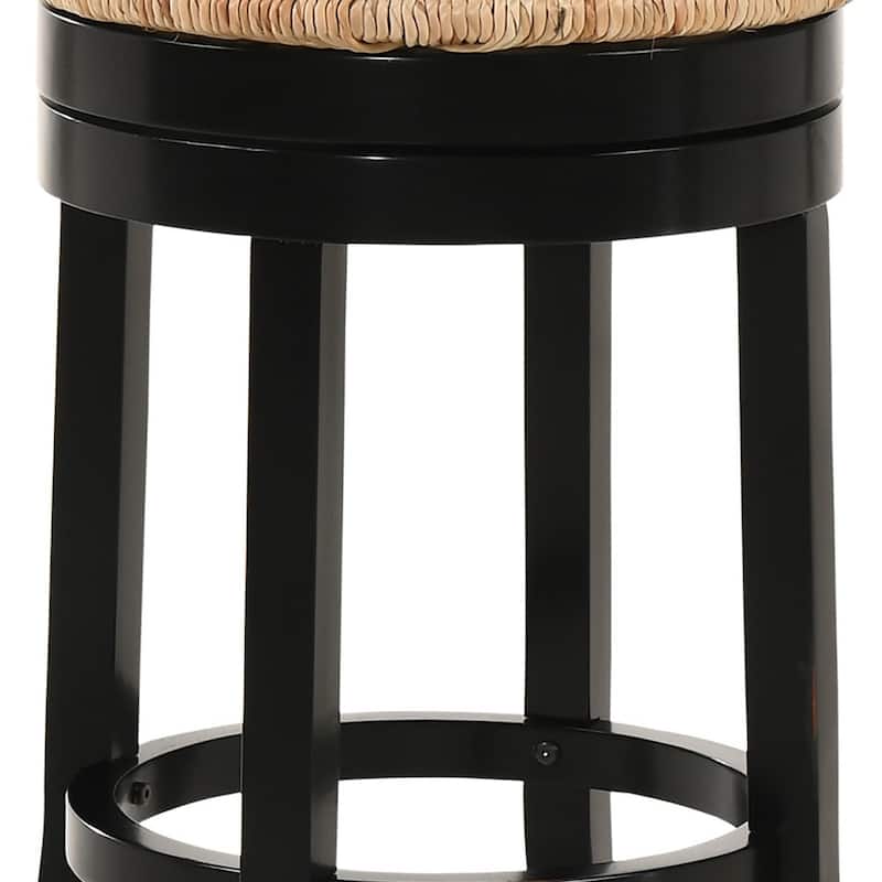 HomeRoots 24" Natural and Black Rush and Solid Wood Backless Counter Height Swivel Bar Chair
