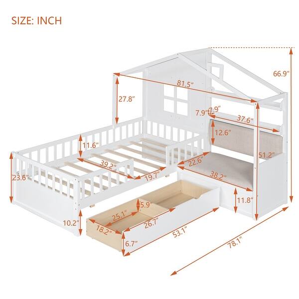 dimension image slide 1 of 2, Twin Size Platform Bed with Linen Upholstered Sofa, Semi-enclosed House Bed Frame with Drawers and Storage Shelf for Kids