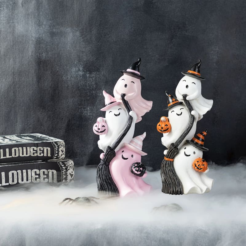 Glitzhome 13''H Halloween Polyresin Pink or White Stacked Ghost Table Decor - White & Pink