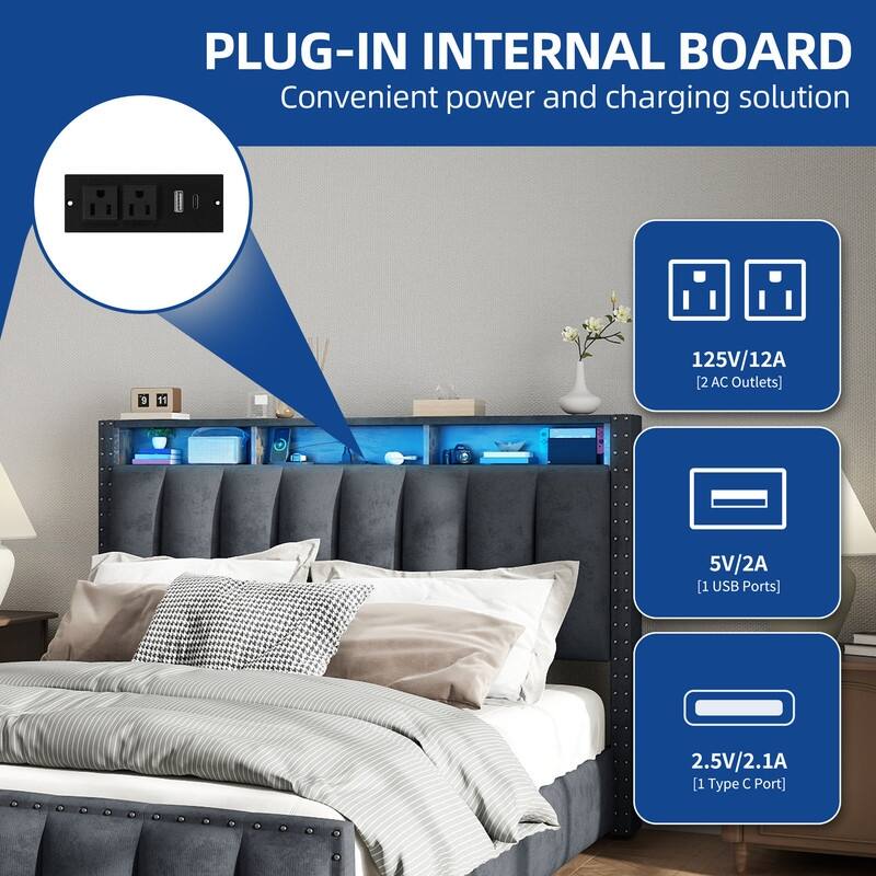 Moasis Full/Queen/King Velvet Upholstered Platform Bed Bedframe with Charging Station and 4 Storage Drawers