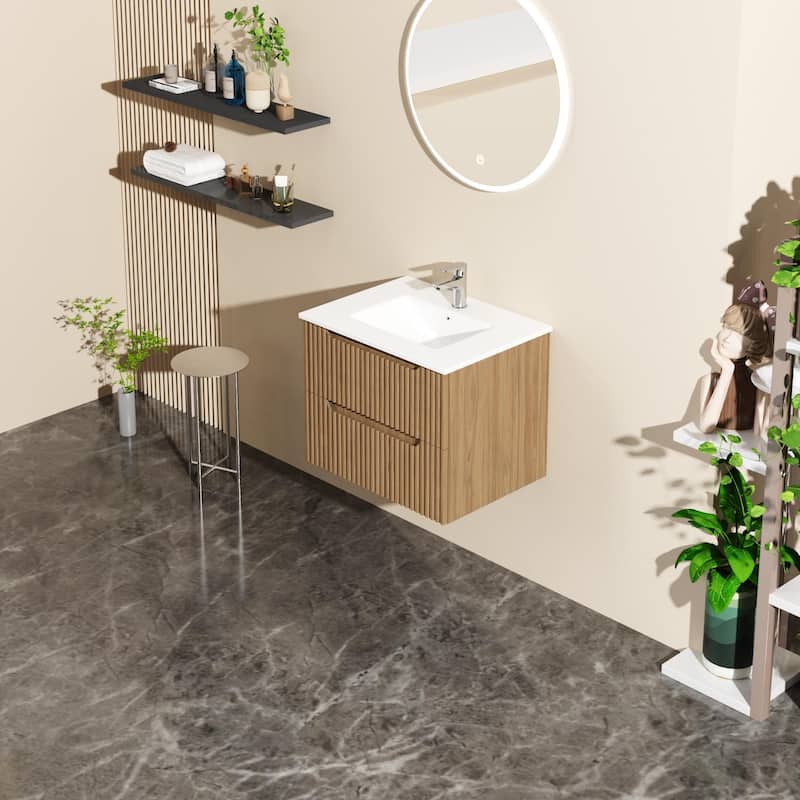 24" Wall-Mount Bathroom Vanity Cabinet with White Basin Sink Combo Floating, Walnut